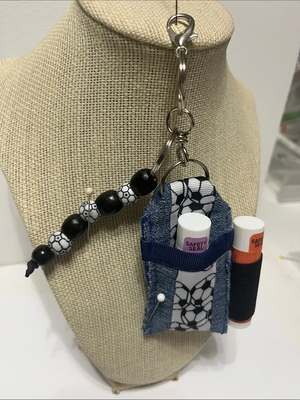 Handmade Soccer Print Lip Balm Keychain Holder in Blue